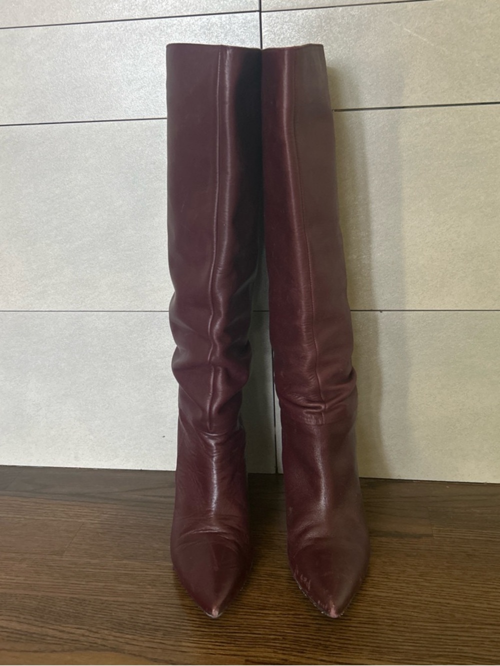 Zara Burgundy Pointed-Toe Tall Leather Boots